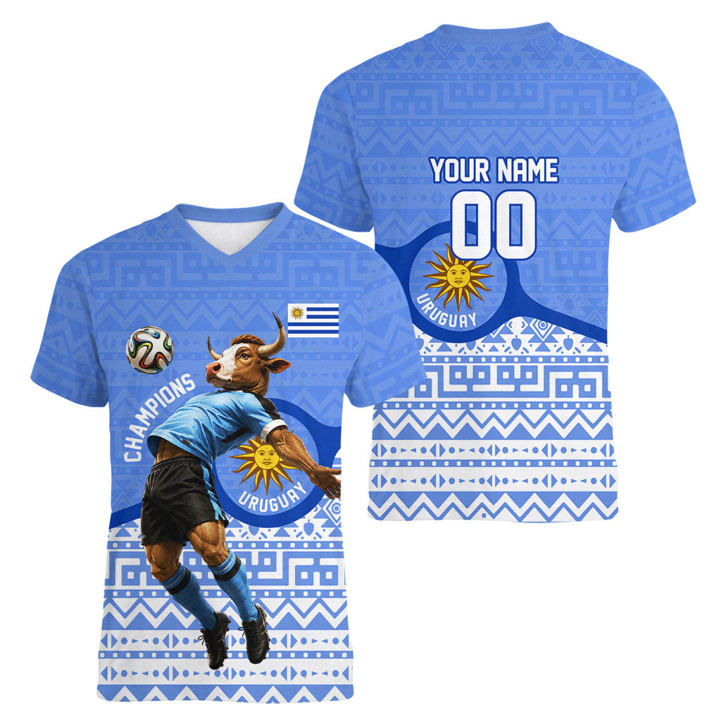 Personalized Uruguay Soccer Champions Women V-Neck T-Shirt Uruguayan Football Sun Of May Bull Mascot