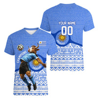 Personalized Uruguay Soccer Champions Women V-Neck T-Shirt Uruguayan Football Sun Of May Bull Mascot