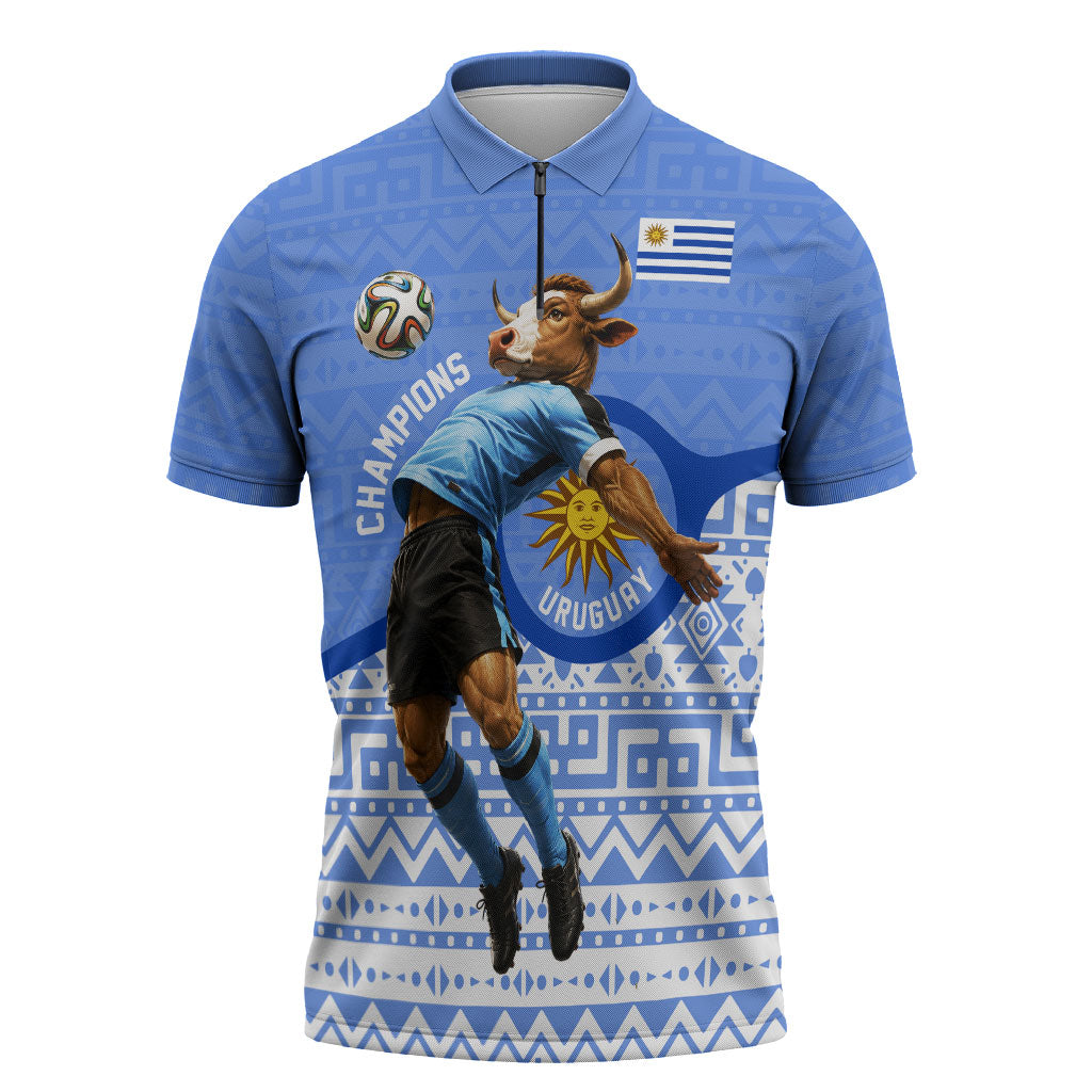 Personalized Uruguay Soccer Champions Zipper Polo Shirt Uruguayan Football Sun Of May Bull Mascot