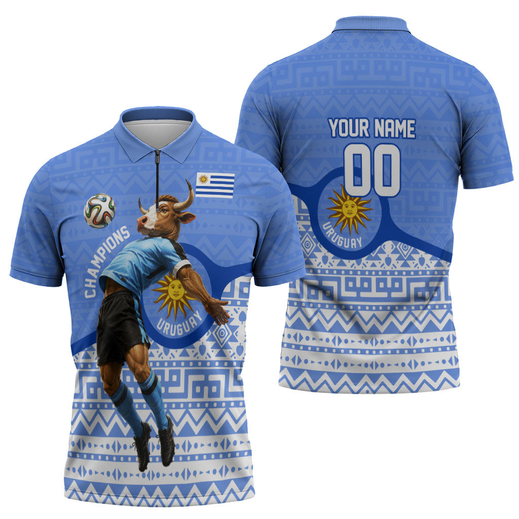 Personalized Uruguay Soccer Champions Zipper Polo Shirt Uruguayan Football Sun Of May Bull Mascot
