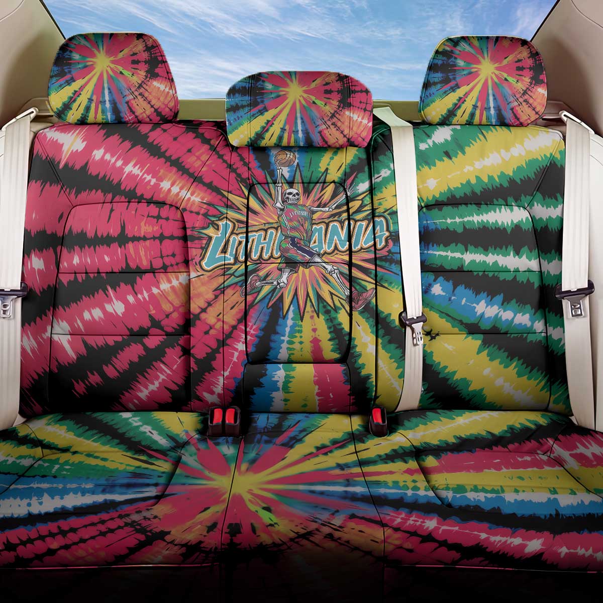 Lithuania Tie Dye Basketball Back Car Seat Cover with Skeleton Dunk Graphic and Retro Colors - Wonder Print Shop