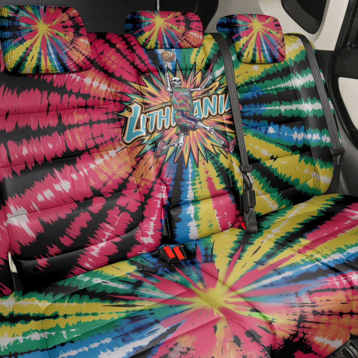 Lithuania Tie Dye Basketball Back Car Seat Cover with Skeleton Dunk Graphic and Retro Colors - Wonder Print Shop