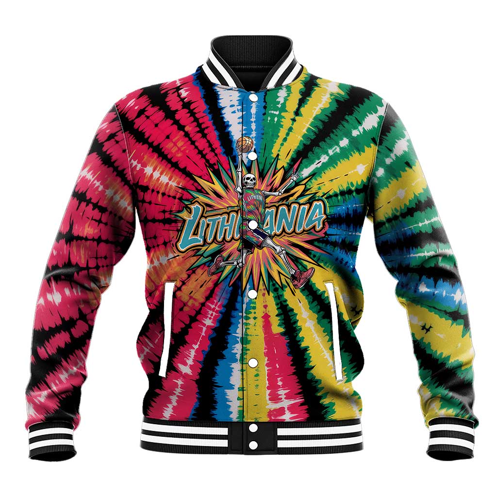 Lithuania Tie Dye Basketball Baseball Jacket with Skeleton Dunk Graphic and Retro Colors - Wonder Print Shop