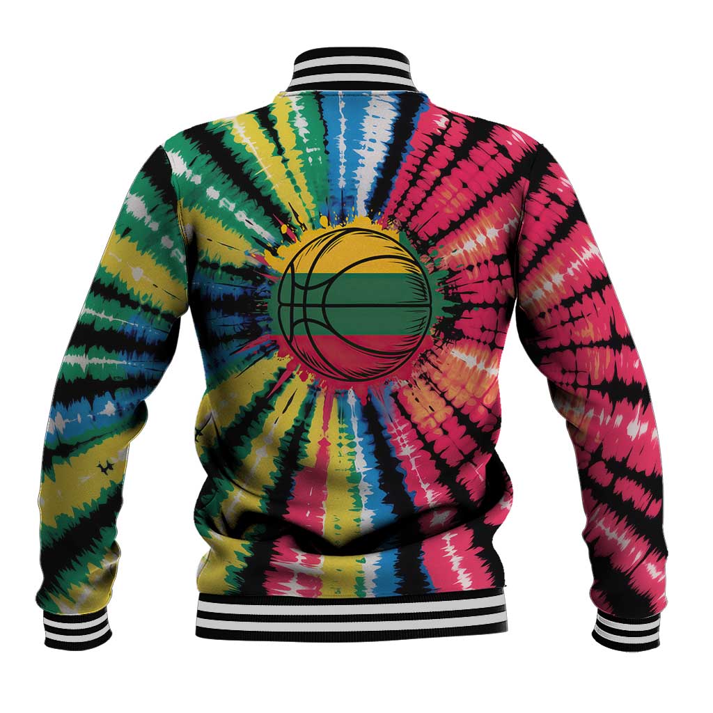 Lithuania Tie Dye Basketball Baseball Jacket with Skeleton Dunk Graphic and Retro Colors - Wonder Print Shop