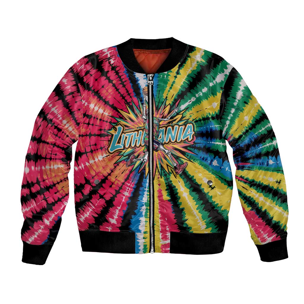 Lithuania Tie Dye Basketball Bomber Jacket with Skeleton Dunk Graphic and Retro Colors - Wonder Print Shop
