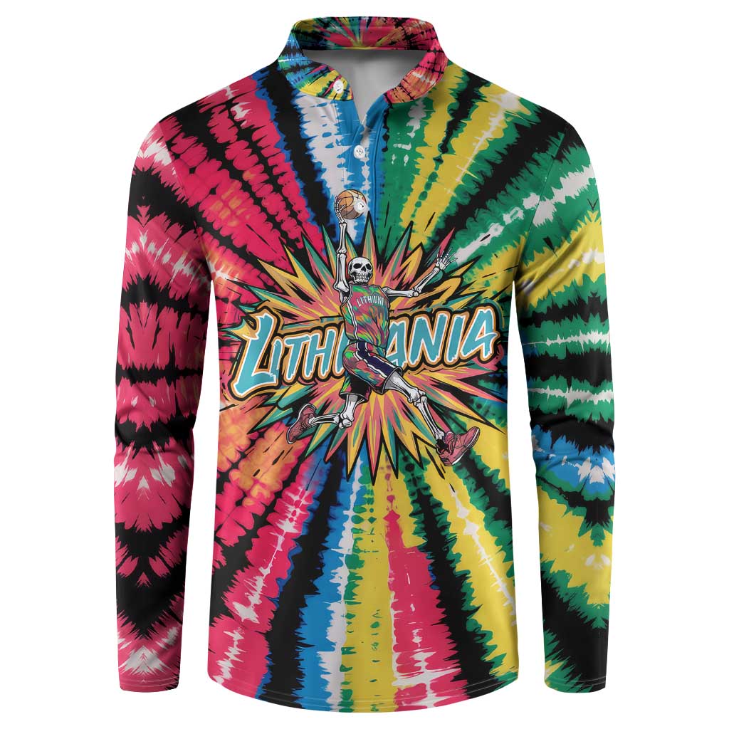 Lithuania Tie Dye Basketball Button Sweatshirt with Skeleton Dunk Graphic and Retro Colors - Wonder Print Shop