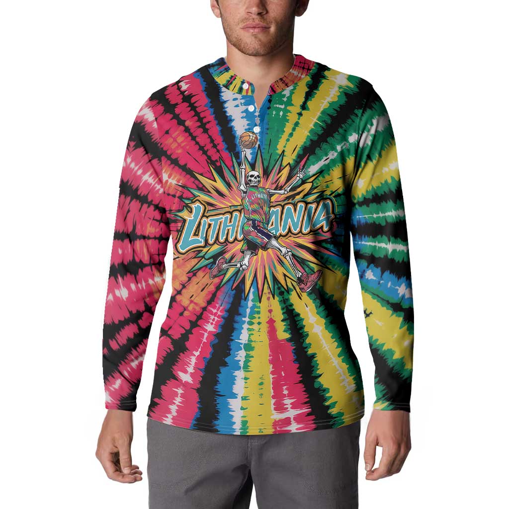 Lithuania Tie Dye Basketball Button Sweatshirt with Skeleton Dunk Graphic and Retro Colors - Wonder Print Shop