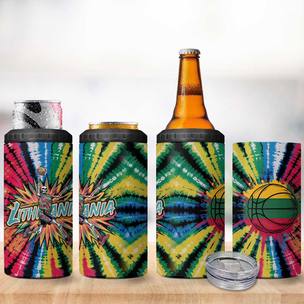 Lithuania Tie Dye Basketball 4 in 1 Can Cooler Tumbler with Skeleton Dunk Graphic and Retro Colors - Wonder Print Shop