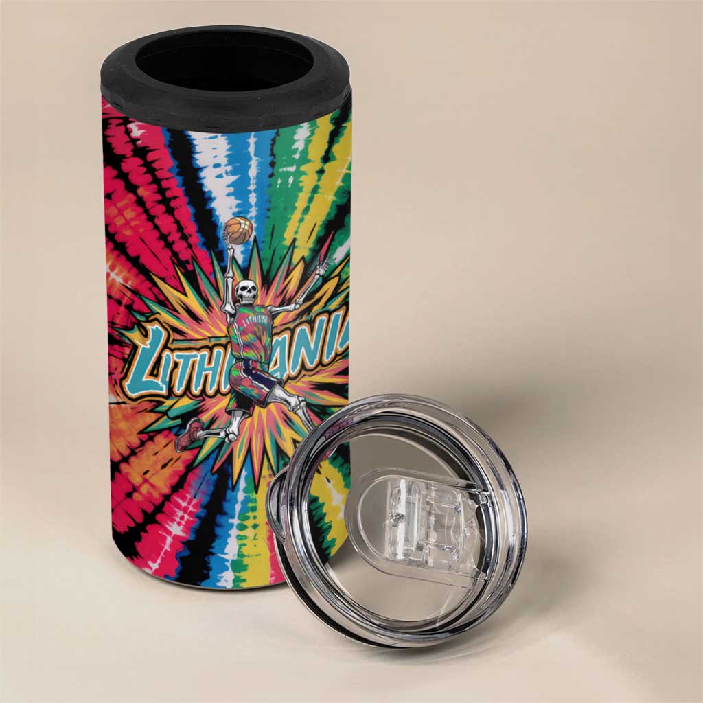 Lithuania Tie Dye Basketball 4 in 1 Can Cooler Tumbler with Skeleton Dunk Graphic and Retro Colors - Wonder Print Shop