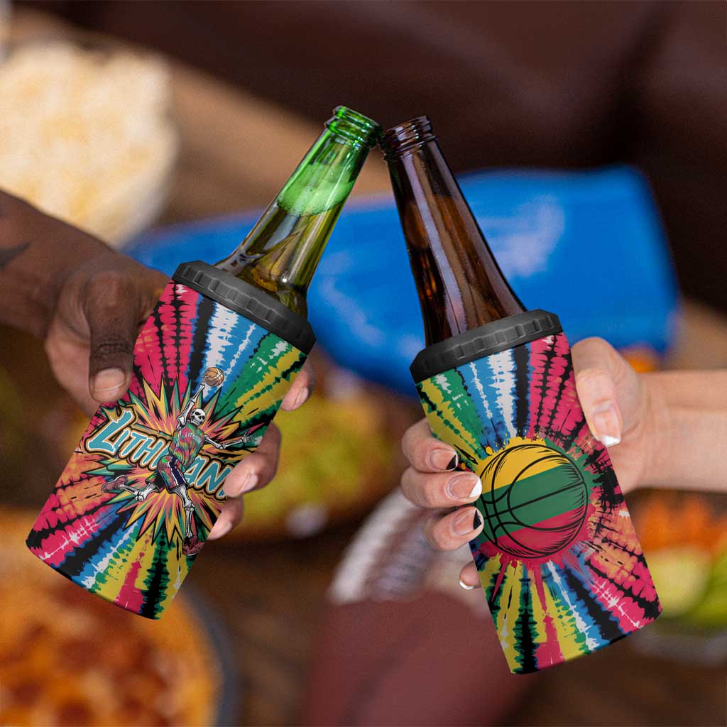 Lithuania Tie Dye Basketball 4 in 1 Can Cooler Tumbler with Skeleton Dunk Graphic and Retro Colors - Wonder Print Shop