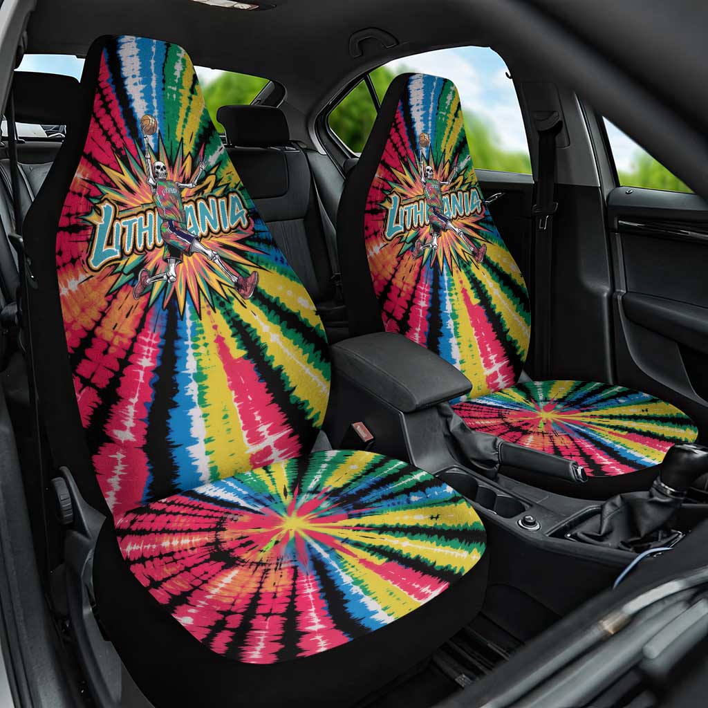 Lithuania Tie Dye Basketball Car Seat Cover with Skeleton Dunk Graphic and Retro Colors - Wonder Print Shop