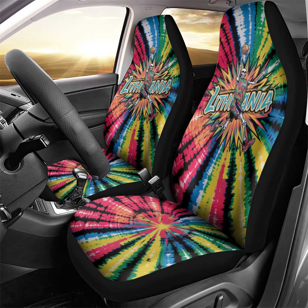 Lithuania Tie Dye Basketball Car Seat Cover with Skeleton Dunk Graphic and Retro Colors - Wonder Print Shop