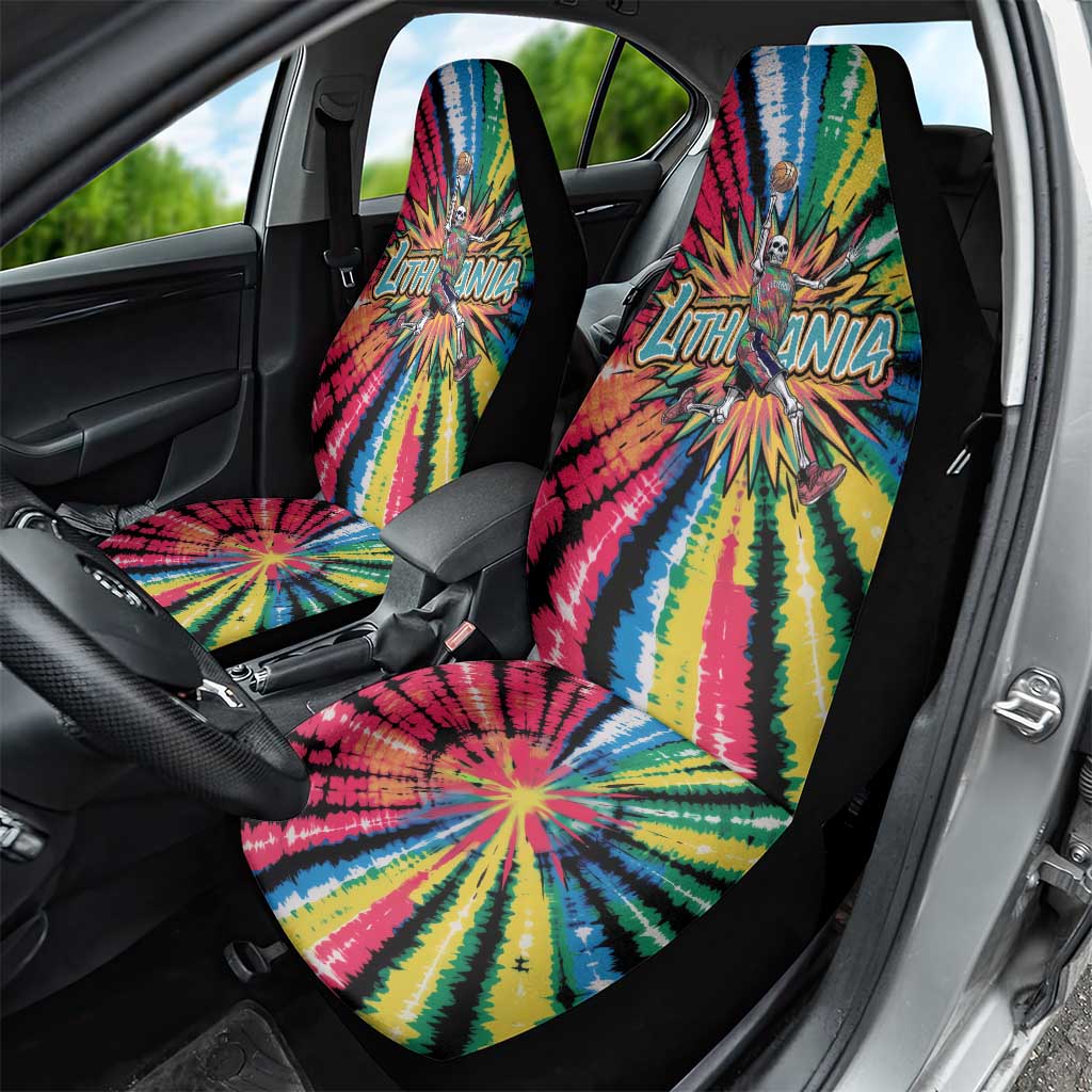 Lithuania Tie Dye Basketball Car Seat Cover with Skeleton Dunk Graphic and Retro Colors - Wonder Print Shop