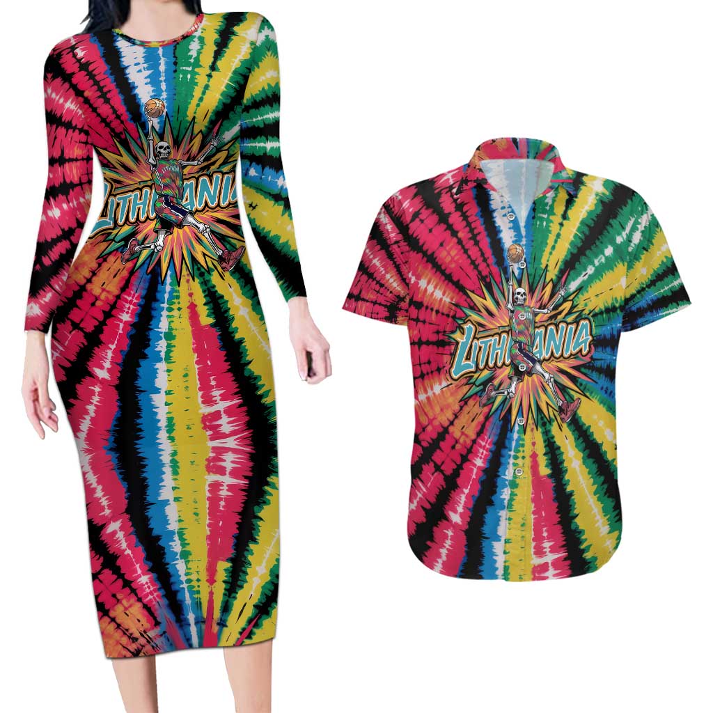 Lithuania Tie Dye Basketball Couples Matching Long Sleeve Bodycon Dress and Hawaiian Shirt with Skeleton Dunk Graphic and Retro Colors - Wonder Print Shop