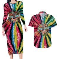 Lithuania Tie Dye Basketball Couples Matching Long Sleeve Bodycon Dress and Hawaiian Shirt with Skeleton Dunk Graphic and Retro Colors - Wonder Print Shop