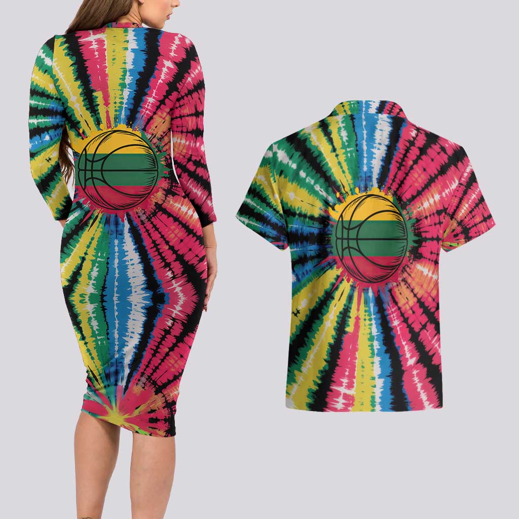 Lithuania Tie Dye Basketball Couples Matching Long Sleeve Bodycon Dress and Hawaiian Shirt with Skeleton Dunk Graphic and Retro Colors - Wonder Print Shop