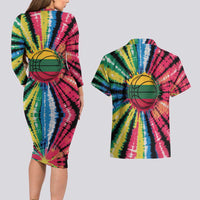 Lithuania Tie Dye Basketball Couples Matching Long Sleeve Bodycon Dress and Hawaiian Shirt with Skeleton Dunk Graphic and Retro Colors - Wonder Print Shop