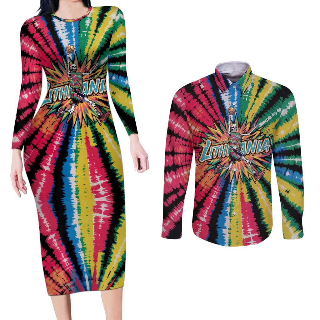 Lithuania Tie Dye Basketball Couples Matching Long Sleeve Bodycon Dress and Long Sleeve Button Shirt with Skeleton Dunk Graphic and Retro Colors - Wonder Print Shop