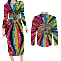 Lithuania Tie Dye Basketball Couples Matching Long Sleeve Bodycon Dress and Long Sleeve Button Shirt with Skeleton Dunk Graphic and Retro Colors - Wonder Print Shop