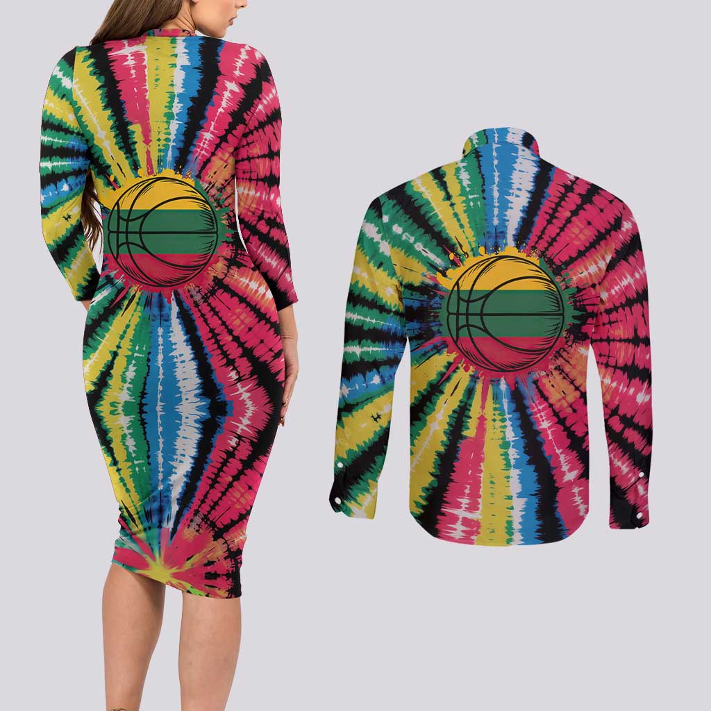 Lithuania Tie Dye Basketball Couples Matching Long Sleeve Bodycon Dress and Long Sleeve Button Shirt with Skeleton Dunk Graphic and Retro Colors - Wonder Print Shop