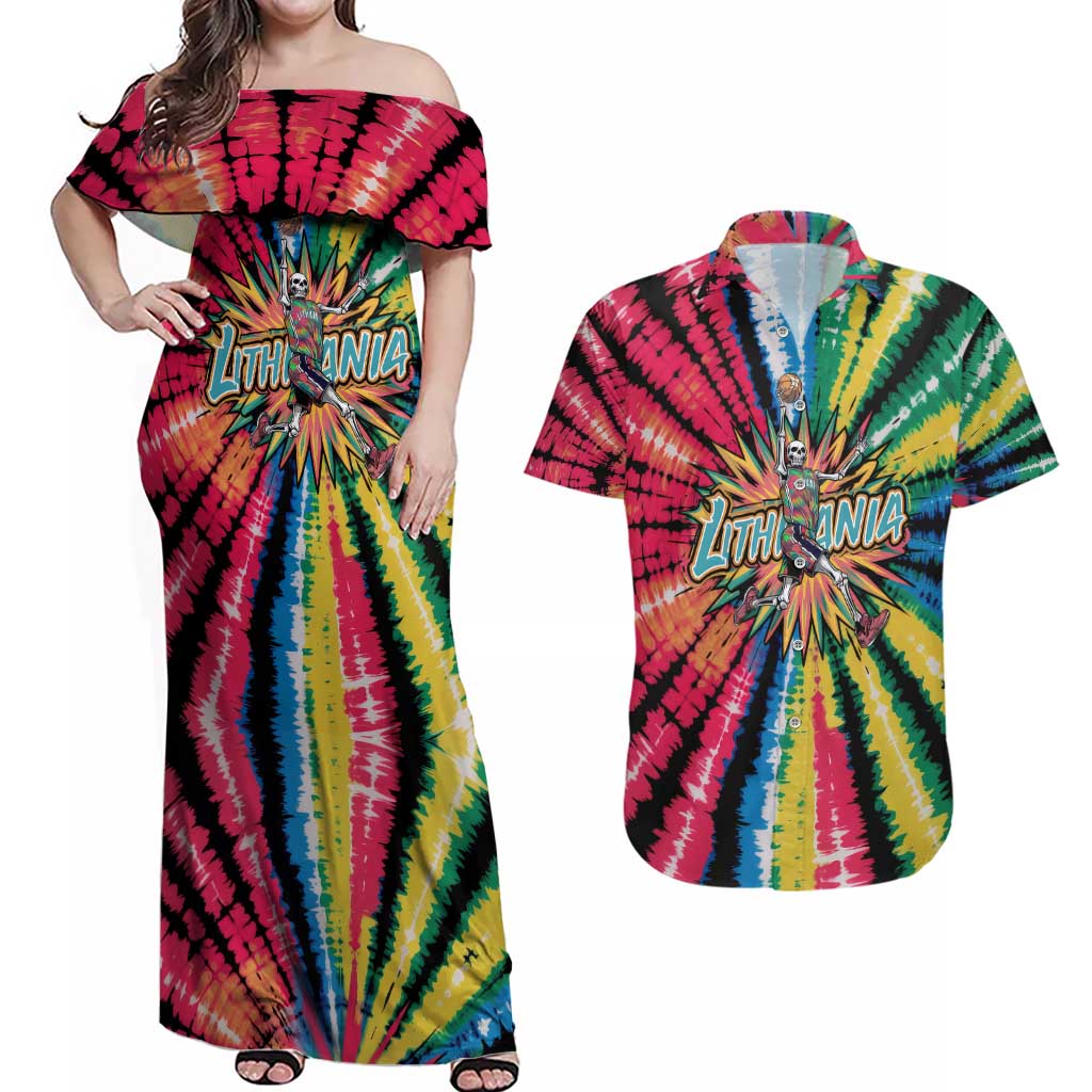Lithuania Tie Dye Basketball Couples Matching Off Shoulder Maxi Dress and Hawaiian Shirt with Skeleton Dunk Graphic and Retro Colors - Wonder Print Shop