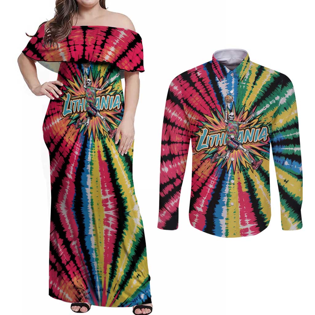 Lithuania Tie Dye Basketball Couples Matching Off Shoulder Maxi Dress and Long Sleeve Button Shirt with Skeleton Dunk Graphic and Retro Colors - Wonder Print Shop