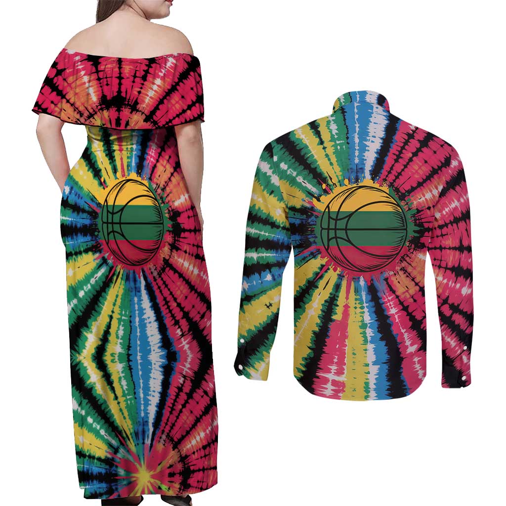 Lithuania Tie Dye Basketball Couples Matching Off Shoulder Maxi Dress and Long Sleeve Button Shirt with Skeleton Dunk Graphic and Retro Colors - Wonder Print Shop