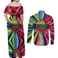 Lithuania Tie Dye Basketball Couples Matching Off Shoulder Maxi Dress and Long Sleeve Button Shirt with Skeleton Dunk Graphic and Retro Colors - Wonder Print Shop