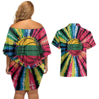 Lithuania Tie Dye Basketball Couples Matching Off Shoulder Short Dress and Hawaiian Shirt with Skeleton Dunk Graphic and Retro Colors - Wonder Print Shop