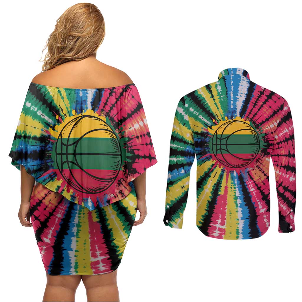Lithuania Tie Dye Basketball Couples Matching Off Shoulder Short Dress and Long Sleeve Button Shirt with Skeleton Dunk Graphic and Retro Colors - Wonder Print Shop