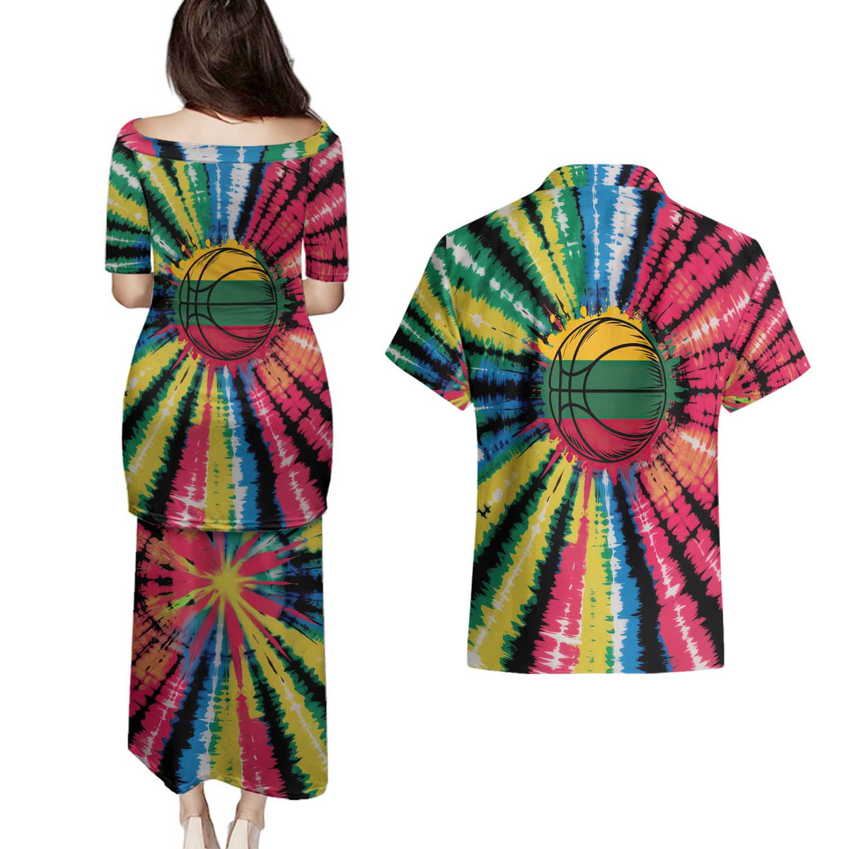 Lithuania Tie Dye Basketball Couples Matching Puletasi and Hawaiian Shirt with Skeleton Dunk Graphic and Retro Colors - Wonder Print Shop