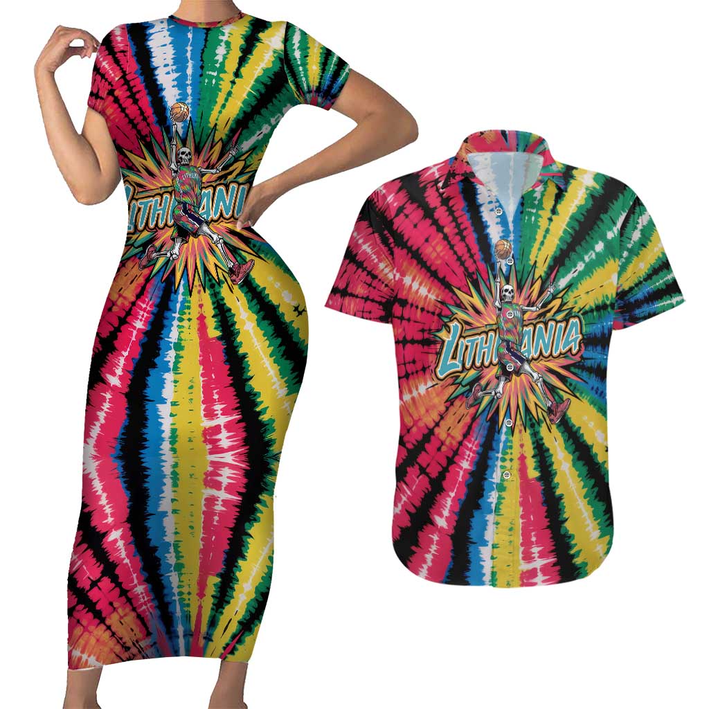 Lithuania Tie Dye Basketball Couples Matching Short Sleeve Bodycon Dress and Hawaiian Shirt with Skeleton Dunk Graphic and Retro Colors - Wonder Print Shop