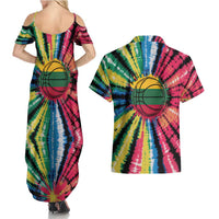 Lithuania Tie Dye Basketball Couples Matching Summer Maxi Dress and Hawaiian Shirt with Skeleton Dunk Graphic and Retro Colors - Wonder Print Shop