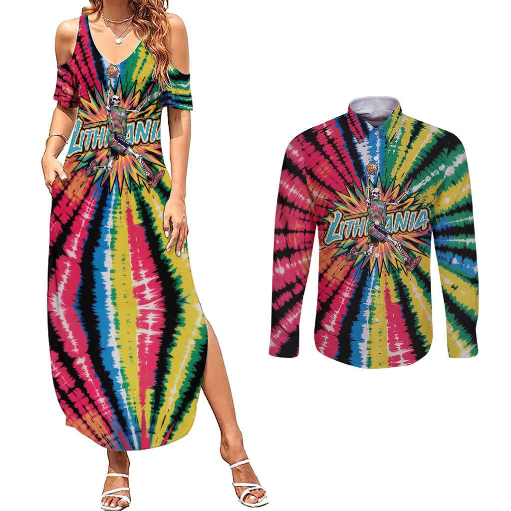 Lithuania Tie Dye Basketball Couples Matching Summer Maxi Dress and Long Sleeve Button Shirt with Skeleton Dunk Graphic and Retro Colors - Wonder Print Shop