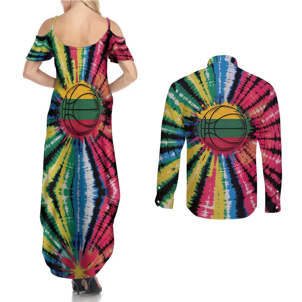 Lithuania Tie Dye Basketball Couples Matching Summer Maxi Dress and Long Sleeve Button Shirt with Skeleton Dunk Graphic and Retro Colors - Wonder Print Shop