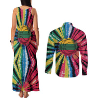 Lithuania Tie Dye Basketball Couples Matching Tank Maxi Dress and Long Sleeve Button Shirt with Skeleton Dunk Graphic and Retro Colors - Wonder Print Shop