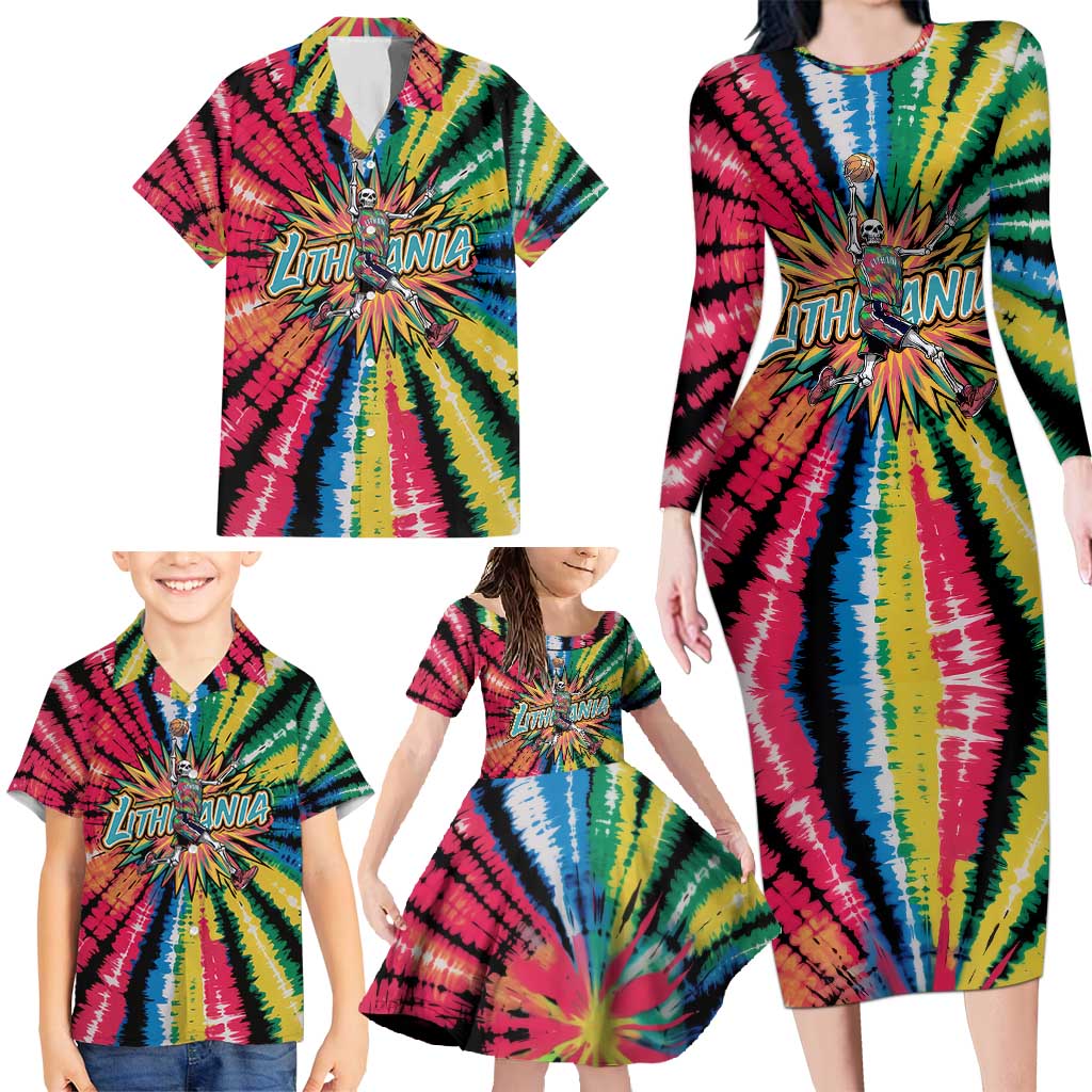 Lithuania Tie Dye Basketball Family Matching Long Sleeve Bodycon Dress and Hawaiian Shirt with Skeleton Dunk Graphic and Retro Colors - Wonder Print Shop
