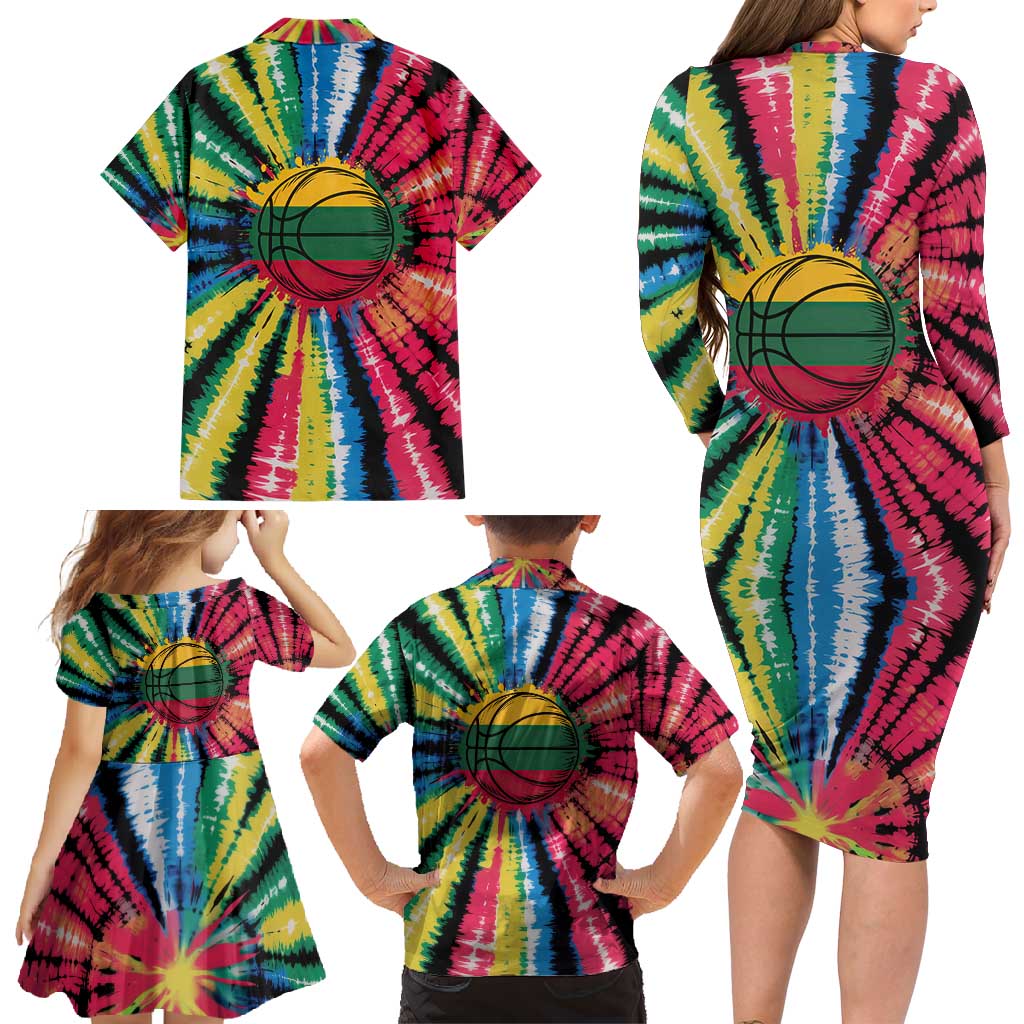 Lithuania Tie Dye Basketball Family Matching Long Sleeve Bodycon Dress and Hawaiian Shirt with Skeleton Dunk Graphic and Retro Colors - Wonder Print Shop