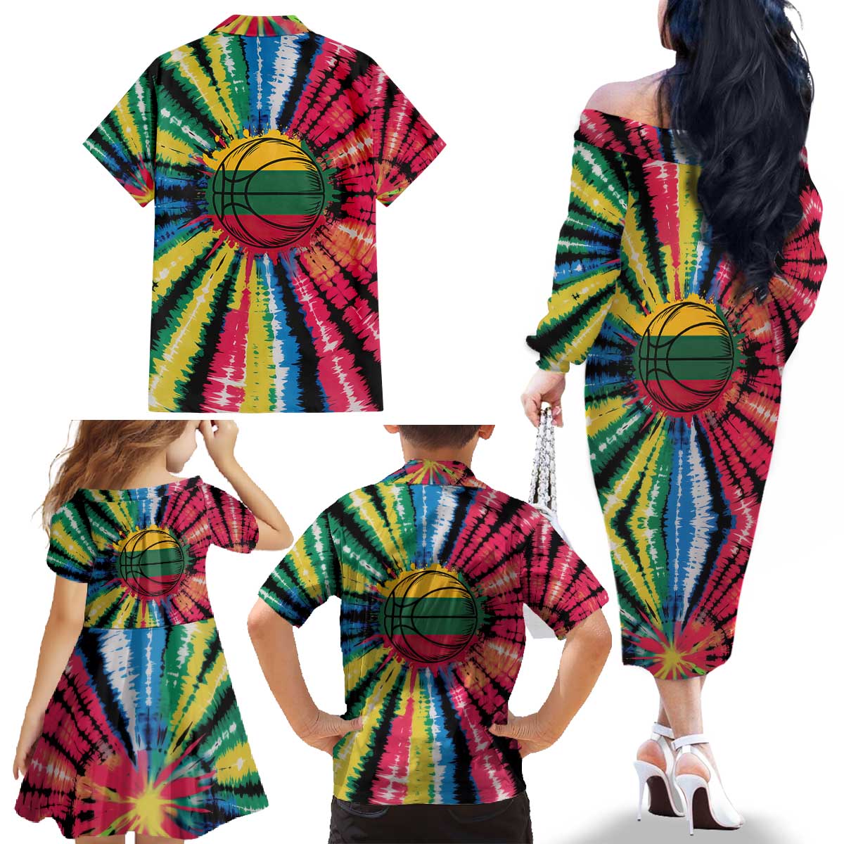 Lithuania Tie Dye Basketball Family Matching Off The Shoulder Long Sleeve Dress and Hawaiian Shirt with Skeleton Dunk Graphic and Retro Colors - Wonder Print Shop