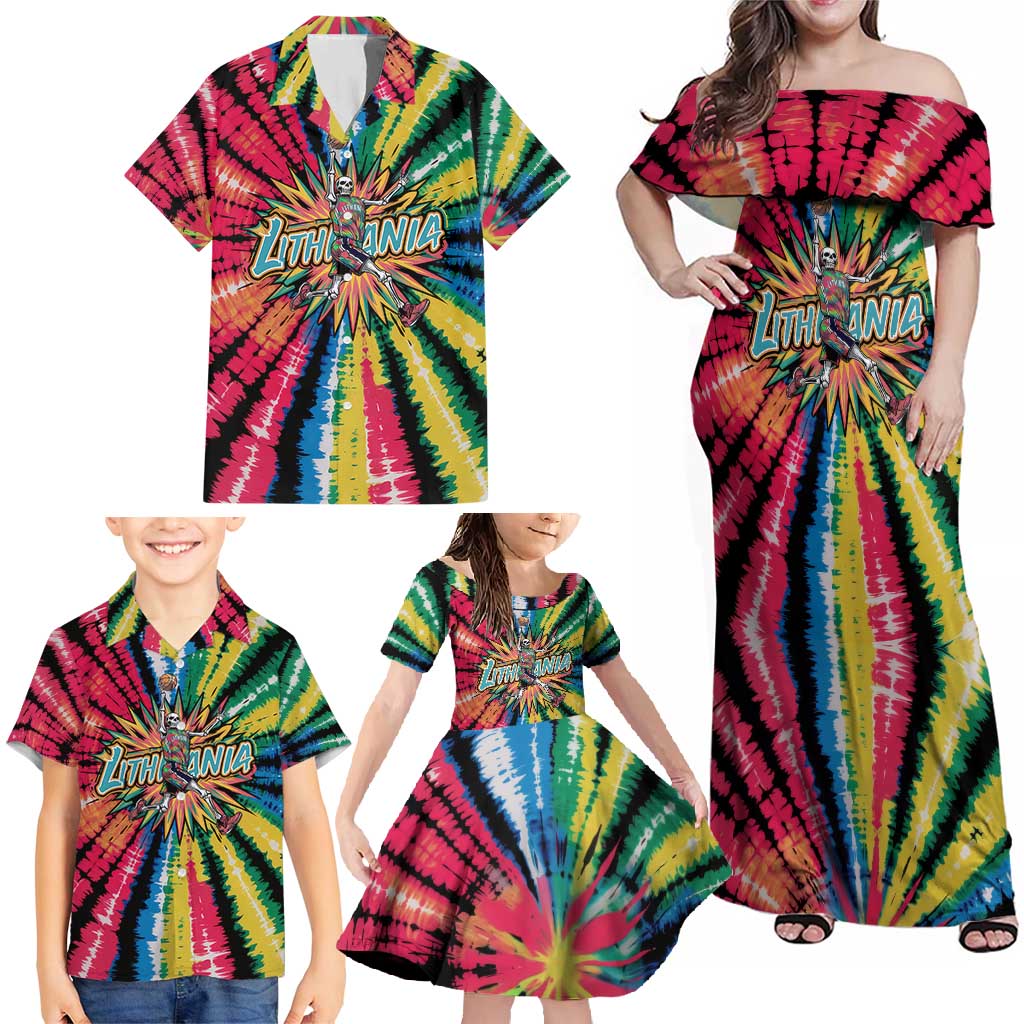 Lithuania Tie Dye Basketball Family Matching Off Shoulder Maxi Dress and Hawaiian Shirt with Skeleton Dunk Graphic and Retro Colors - Wonder Print Shop