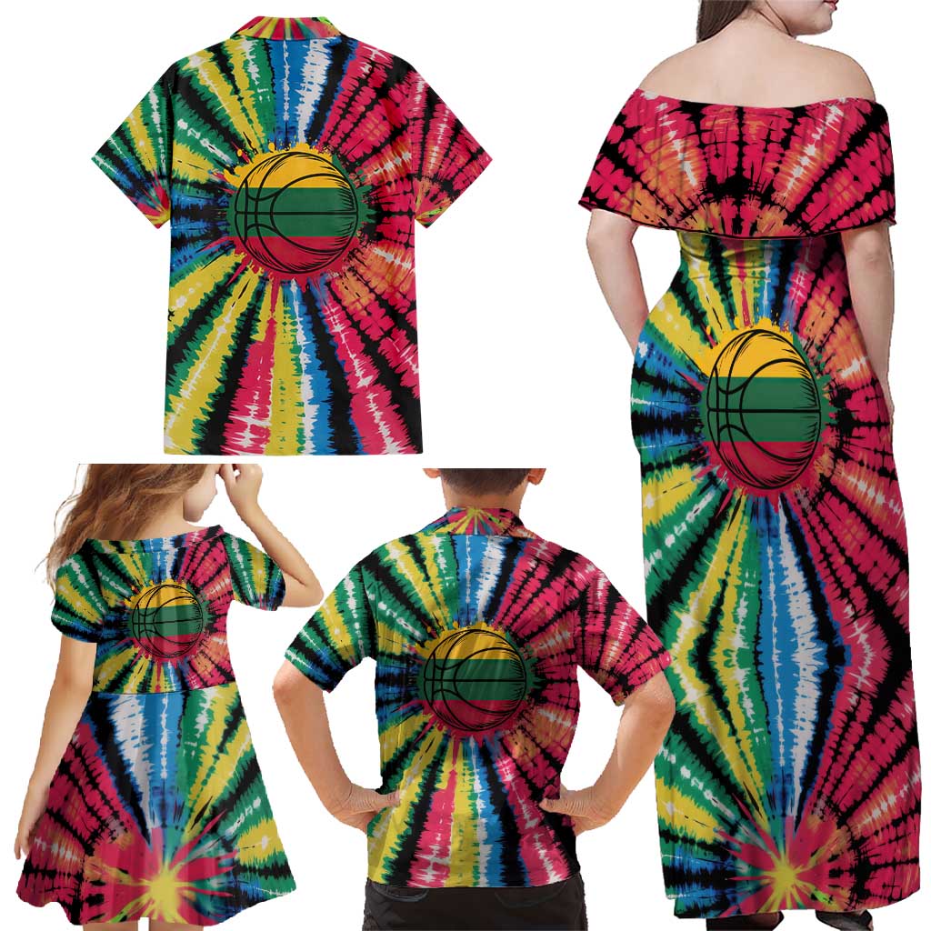 Lithuania Tie Dye Basketball Family Matching Off Shoulder Maxi Dress and Hawaiian Shirt with Skeleton Dunk Graphic and Retro Colors - Wonder Print Shop