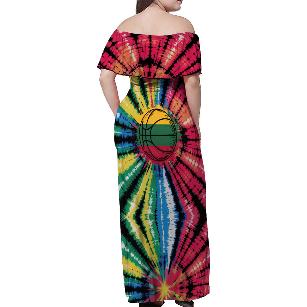 Lithuania Tie Dye Basketball Family Matching Off Shoulder Maxi Dress and Hawaiian Shirt with Skeleton Dunk Graphic and Retro Colors - Wonder Print Shop