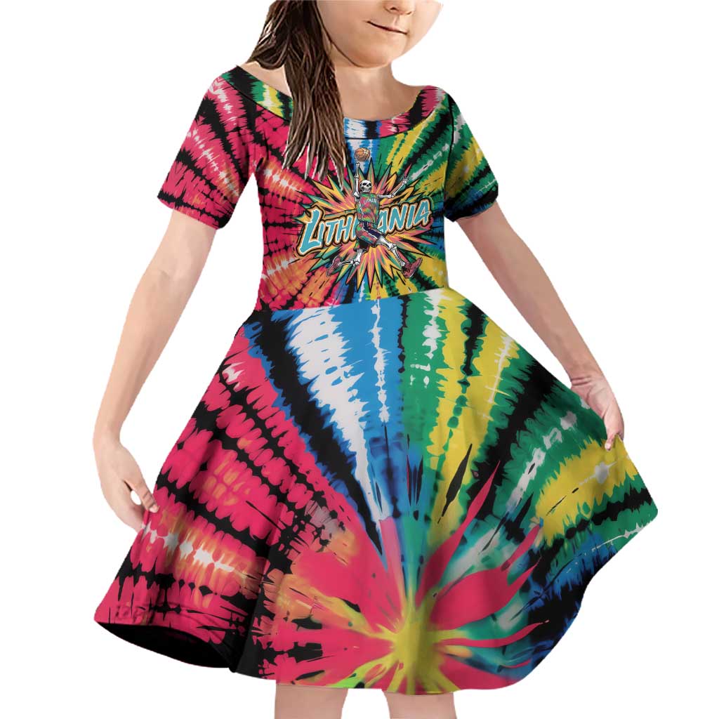 Lithuania Tie Dye Basketball Family Matching Off Shoulder Short Dress and Hawaiian Shirt with Skeleton Dunk Graphic and Retro Colors - Wonder Print Shop