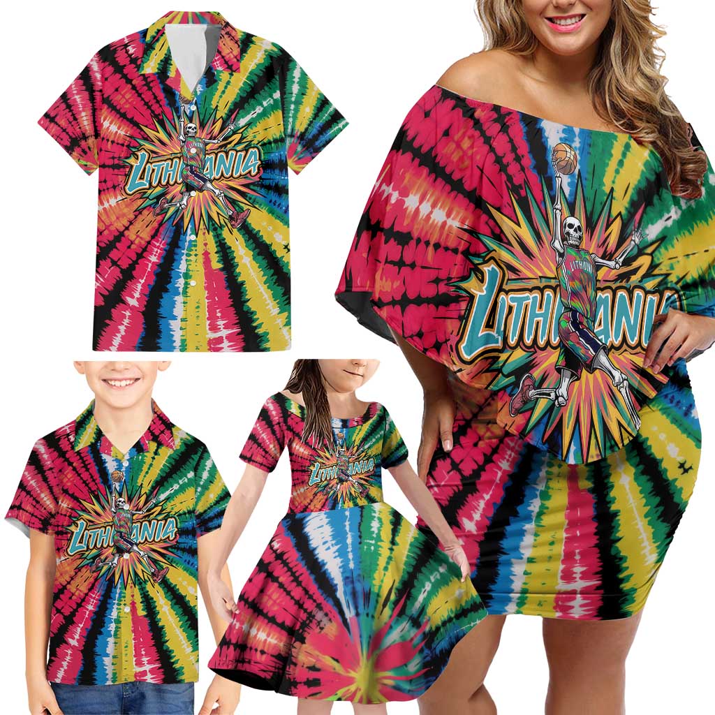Lithuania Tie Dye Basketball Family Matching Off Shoulder Short Dress and Hawaiian Shirt with Skeleton Dunk Graphic and Retro Colors - Wonder Print Shop