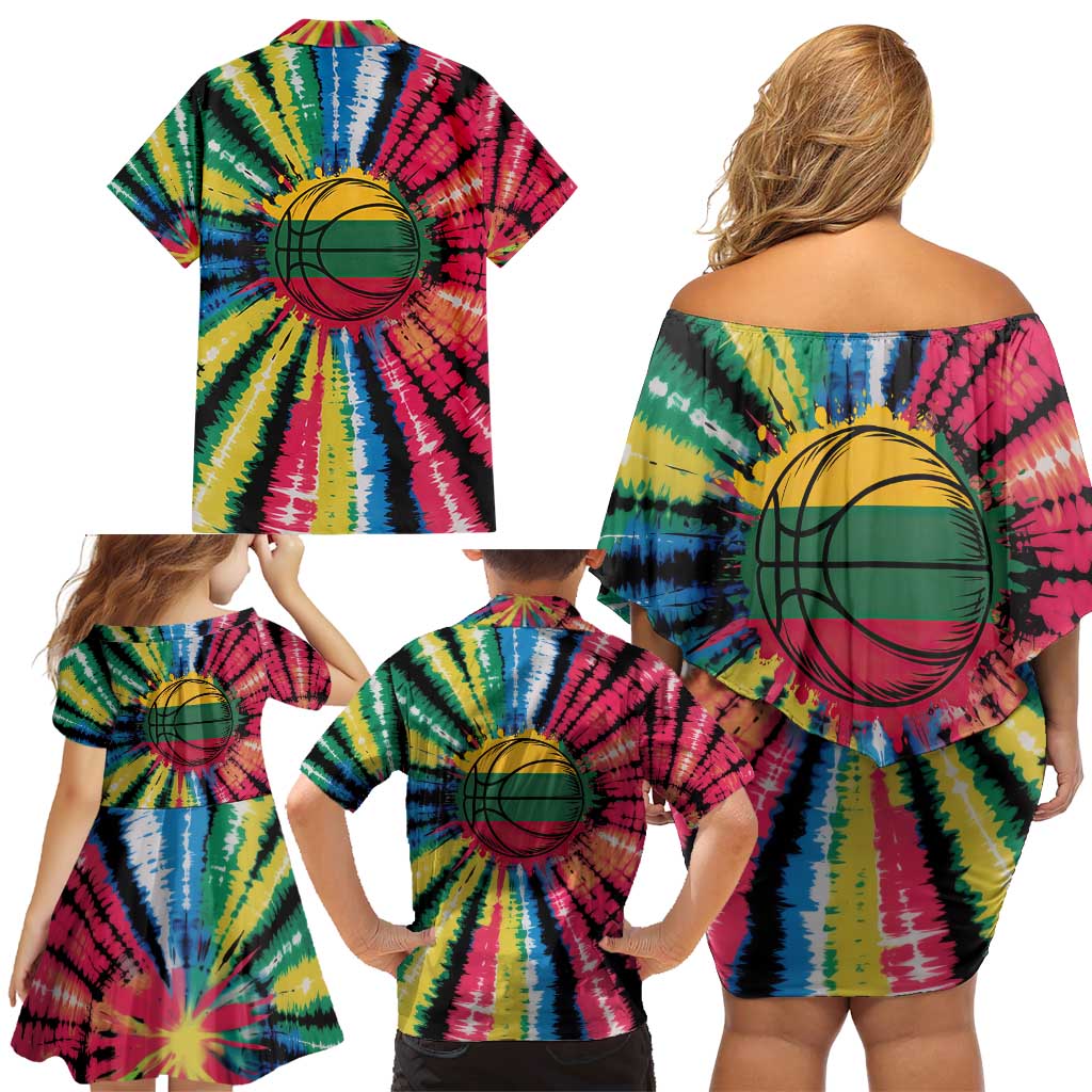 Lithuania Tie Dye Basketball Family Matching Off Shoulder Short Dress and Hawaiian Shirt with Skeleton Dunk Graphic and Retro Colors - Wonder Print Shop
