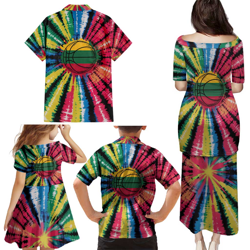 Lithuania Tie Dye Basketball Family Matching Puletasi and Hawaiian Shirt with Skeleton Dunk Graphic and Retro Colors - Wonder Print Shop