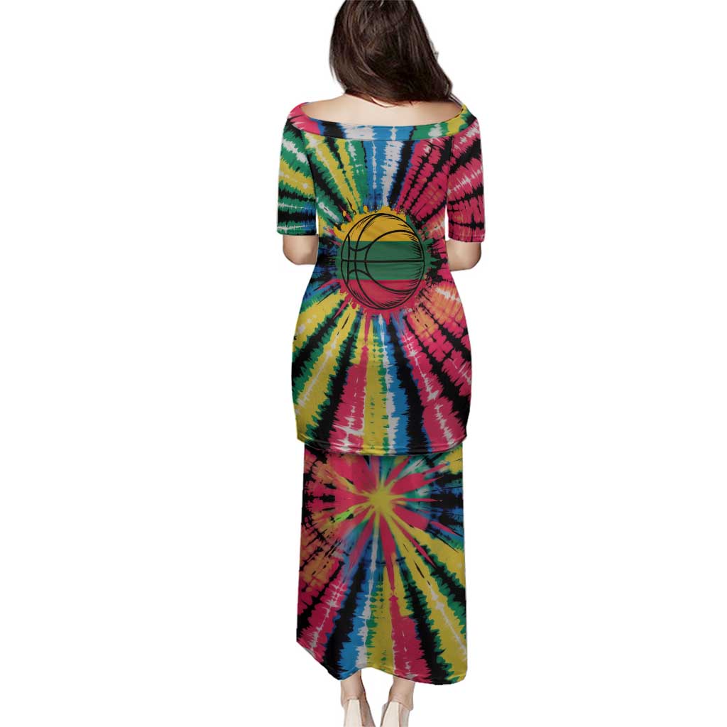 Lithuania Tie Dye Basketball Family Matching Puletasi and Hawaiian Shirt with Skeleton Dunk Graphic and Retro Colors - Wonder Print Shop