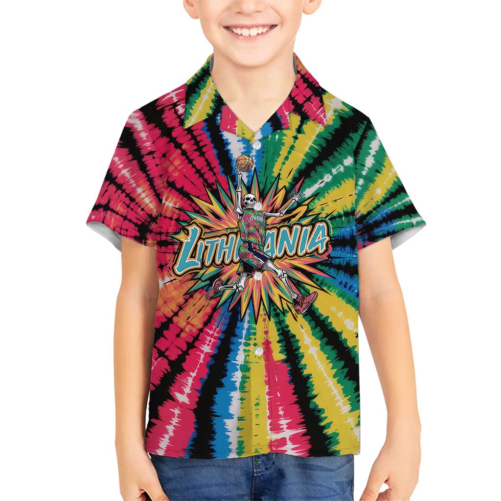 Lithuania Tie Dye Basketball Family Matching Puletasi and Hawaiian Shirt with Skeleton Dunk Graphic and Retro Colors - Wonder Print Shop
