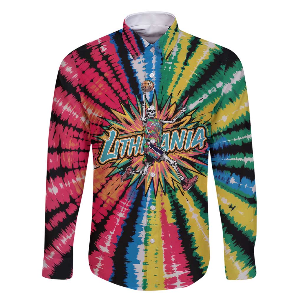 Lithuania Tie Dye Basketball Family Matching Short Sleeve Bodycon Dress and Hawaiian Shirt with Skeleton Dunk Graphic and Retro Colors - Wonder Print Shop