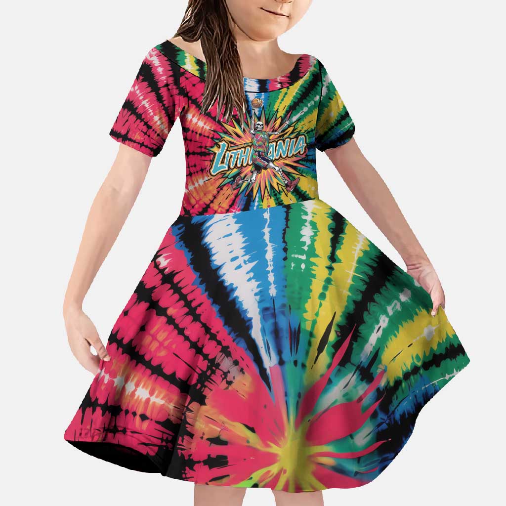 Lithuania Tie Dye Basketball Family Matching Summer Maxi Dress and Hawaiian Shirt with Skeleton Dunk Graphic and Retro Colors - Wonder Print Shop